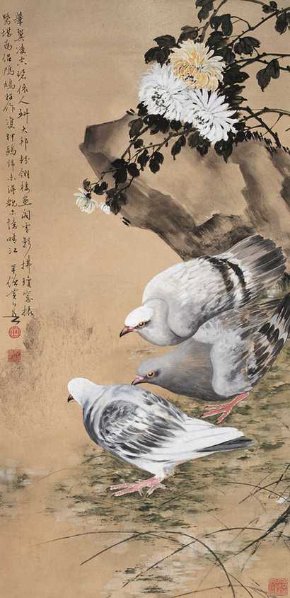 黄幻吾 三鸽 立轴